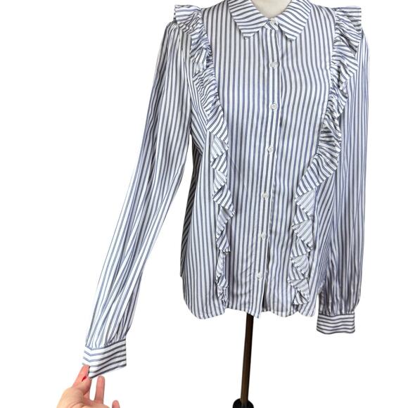 A Loves A NWT White Blue Long Sleeve Striped Ruffle Button Down Collared Top - Picture 7 of 9
